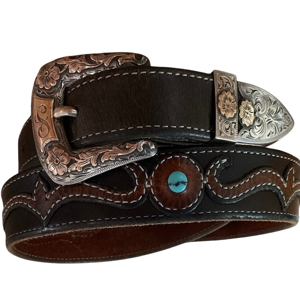 Vintage Stan Wylie Handmade Leather Belt w Sterling and 10K Gold Overlay